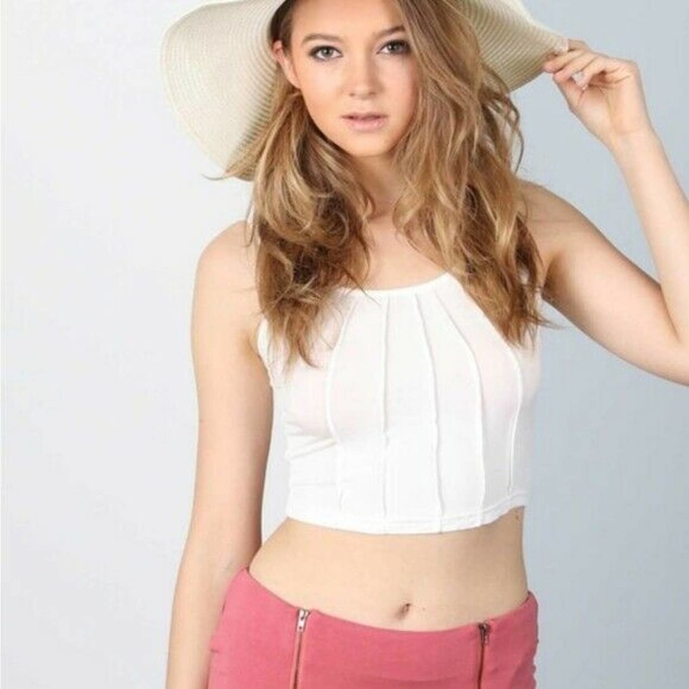 POL Cropped Cream Crop Cami Tank Top Lace Up Back - Size Large - NEW - Picture 2 of 11